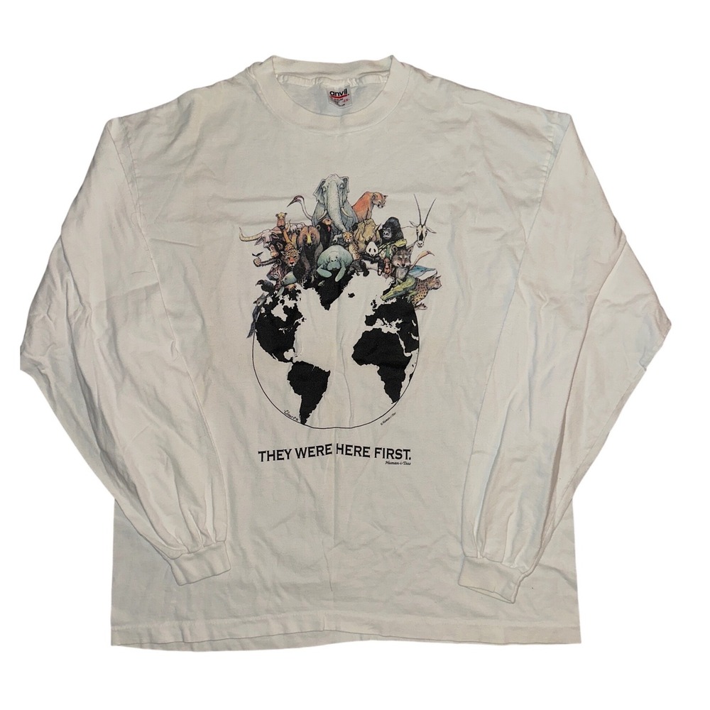 Vintage 1992 Human-i-Tees They Were Here First Long Sleeve Shirt Anvil 2XL USA